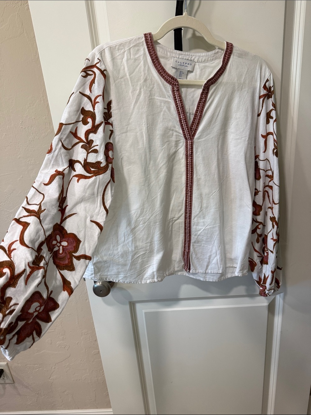 Calypso St. Barth White Peasant Tunic with Rust Embroidery